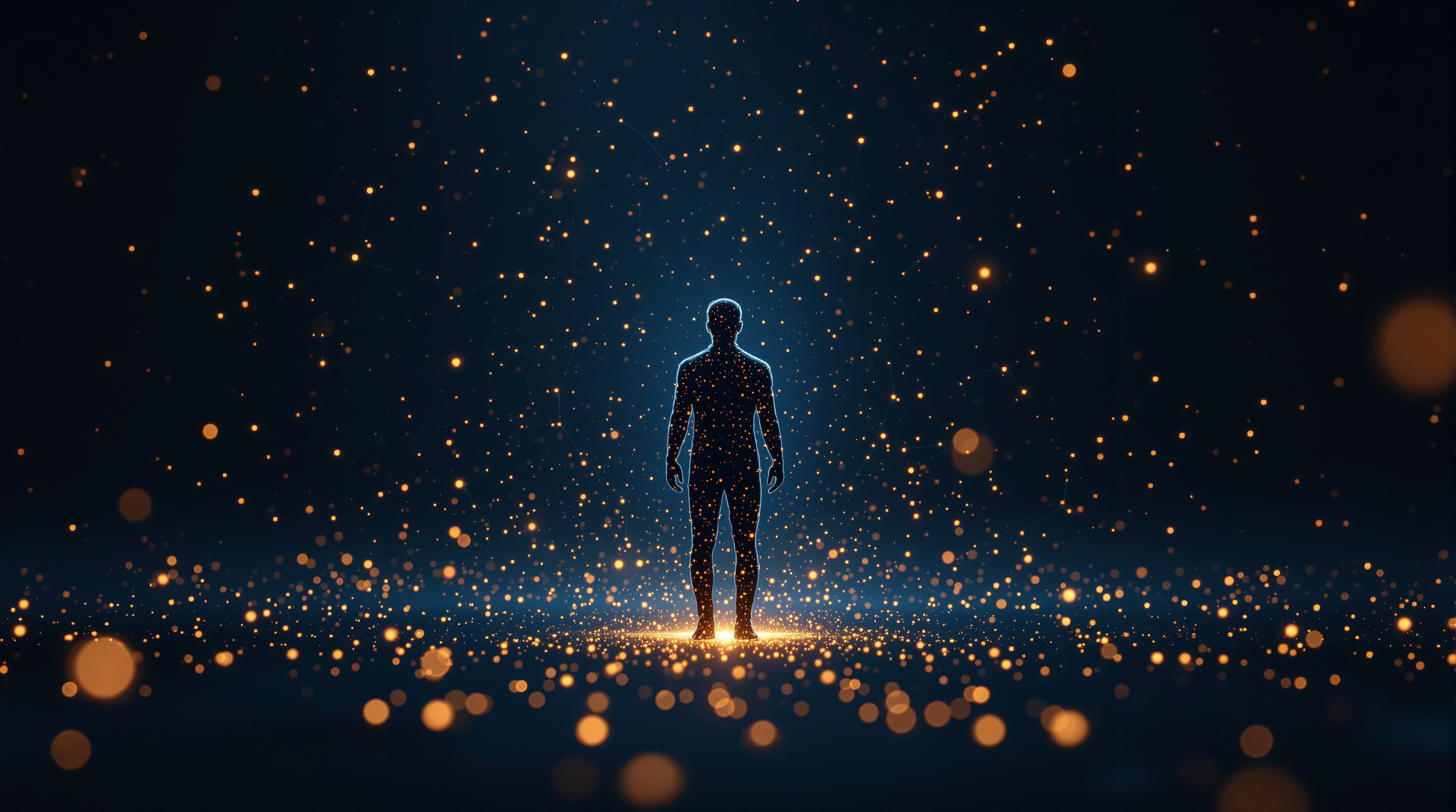 Abstract human silhouette formed from glowing circuit lines and data particles at the center of a constellation of interconnected nodes, dark navy and gold, symbolizing human capital as a strategic AI resource